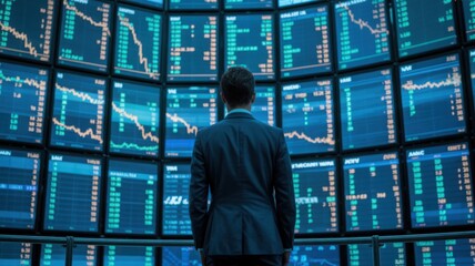 A person observing financial charts on multiple screens. A serious person in business suit looking for investment