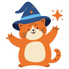 Chubby Cat Wearing Tiny Wizard Hat Casting Sparkle Spell | Cute Magical Kitty Performing Adorable Spell | Kawaii Wizard Cat with Sparkling Magic Effect | Charming Chubby Cat Sorcerer Illustration 