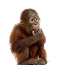 Adorable young orangutan eating a treat with curious eyes jungle primate portrait