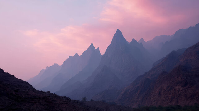 Mystical peaks under a lavender sunset sky, evoking Himalayan whispers and solstice celebrations, perfect for wanderlust and introspection