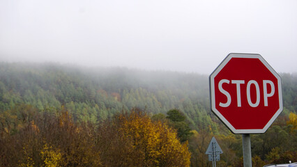 A close-up of a stop sign against the backdrop of an autumn forest. Morning, fog.