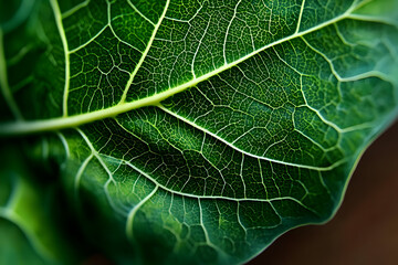 Fototapeta premium A close-up view of a vibrant green leaf showcasing detailed veins and textures in nature's intricate design.