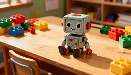 Fototapeta premium Adorable Retro Robot Toy on a Classroom Desk with Colorful Building Blocks, Highlighting Early Childhood Education and AI Concepts.