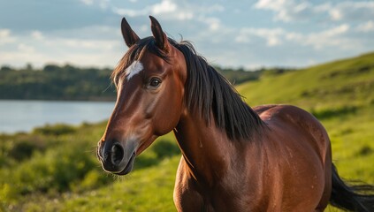 Obraz premium Brown mare with a white star on its forehead, relaxing after a ride, showcasing animal beauty and the joy of equestrian sports