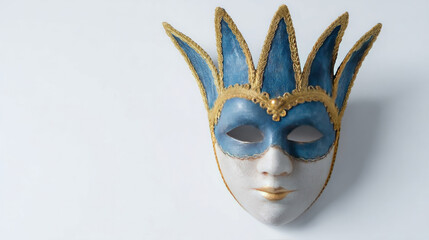 Blue and gold jester mask radiates enigmatic allure, evoking Venetian Carnival whispers and Mardi Gras mysteries, artisan-crafted elegance