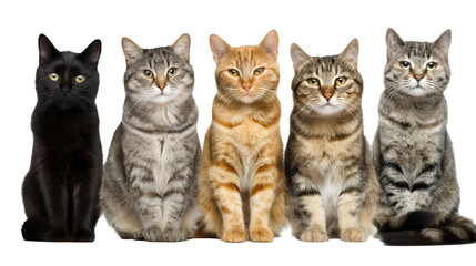 Five adorable cats posed together with different fur patterns and colors