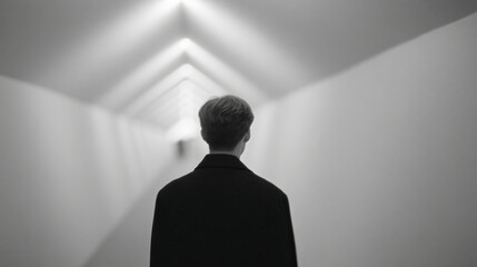 Monochrome hallway wander, introspective Caucasian male, labyrinthine thoughts, aligning for April Fools' intrigue, embracing World Laughter Day