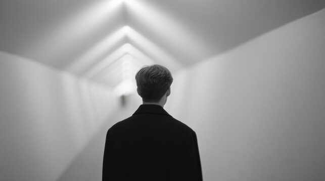 Monochrome hallway wander, introspective Caucasian male, labyrinthine thoughts, aligning for April Fools' intrigue, embracing World Laughter Day