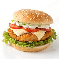 Delicious crispy chicken burger with melted cheese and fresh toppings