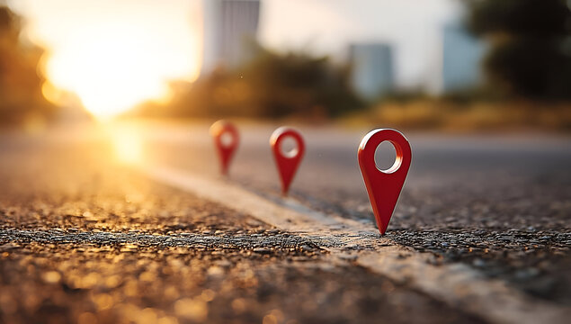 A close-up view of red location pins on a road with a sunset backdrop, symbolizing navigation and travel.