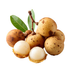 Fresh ripe longans fruit cluster with leaves and peeled sections for healthy eating