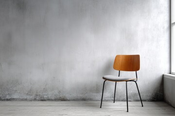 Single wooden chair placed against a textured, light gray wall near a window opening