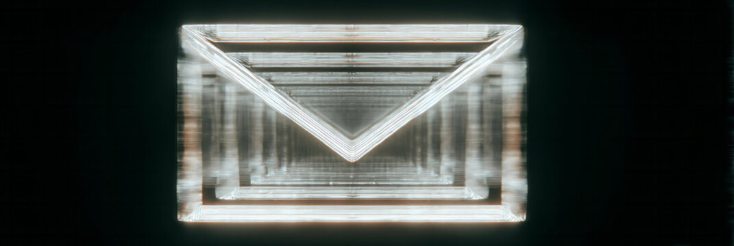 Glowing, ethereal envelope hologram symbolizes digital correspondence magic, echoing World Post Day and futuristic tech innovations