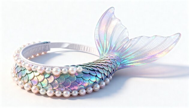 Iridescent Mermaid Tail Headband Adorned with Pearls, A Holographic Scale Hair Accessory Isolated on White for Fantasy or Costume Themes - Powered by Adobe