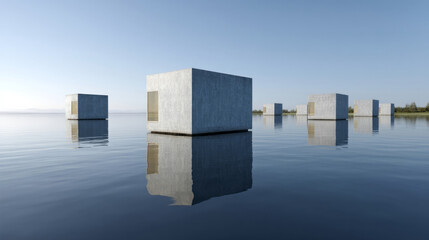 Floating monolithic cubes mirror on tranquil waters, evoking Zen simplicity, World Architecture Day, ethereal stillness, unexpected harmony
