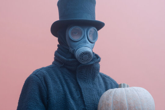 A steampunk-inspired scene with an enigmatic figure in a gas mask cradling a ghostly pumpkin, conjuring Samhain's mystical aura