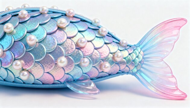 Sparkling Iridescent Mermaid Tail Accessory Adorned with White Pearls on a Bright White Background