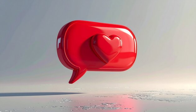 Glossy red speech bubble with a heart levitates over a lightly textured surface against a bright background - Powered by Adobe