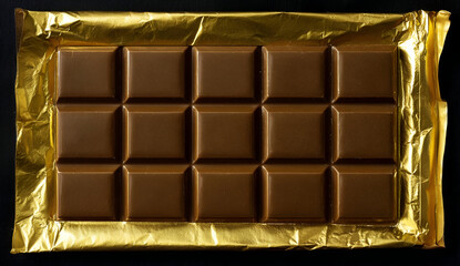 A beautifully wrapped chocolate bar with a shiny gold foil, enticing and ready to be enjoyed.