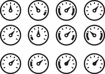 Fototapeta premium Collection of 12 gauge meter icons representing different readings and measurements