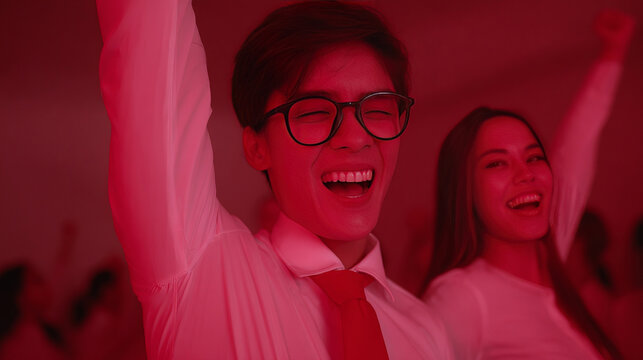 Joyful Asian man in vibrant red glow celebrates Lunar New Year with effervescent flair, reminiscent of Holi's exuberance
