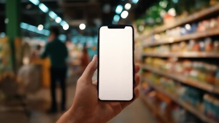 Hand holds smartphone with blank screen in grocery store aisle - Powered by Adobe