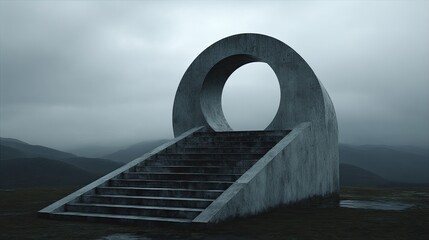Gray Concrete Archway Steps On Hillside Under Cloudy Sky
