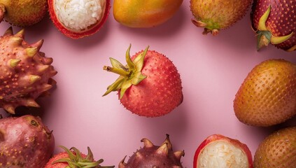 Ripe lychee fruit viewed from above with space for text, surrounded by tropical Asian fruits on a pink surface.