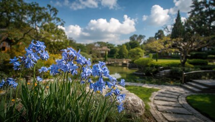 Forget-Me-Not Flowers in a Japanese Garden, highlighting seasonal beauty