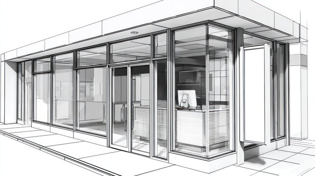 Modern retail storefront illustration with glass windows and blank signage