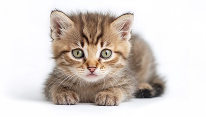 Cute Tabby Kitten Against a White Backdrop, Ideal for Pet-Themed Content