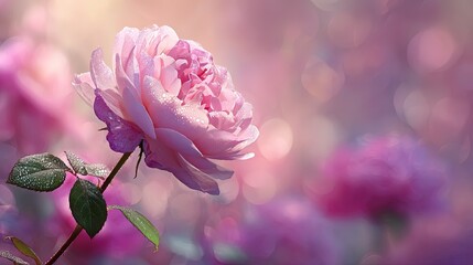 Beautiful Pink Rose In Garden With Dew Drops