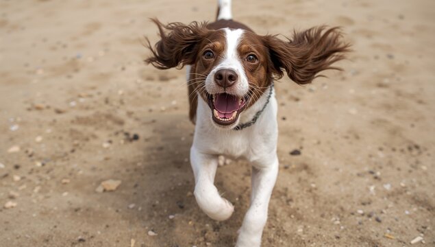 Energetic puppy bounding across the beach with excitement