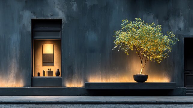 Moody, photorealistic shot of a modern dark-facade storefront at dusk. A single potted tree is illuminated in the display window, creating an elegant feel.