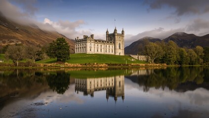 Obraz premium Reflections of a Benedictine Monastery on Serene Waters in a Picturesque Landscape