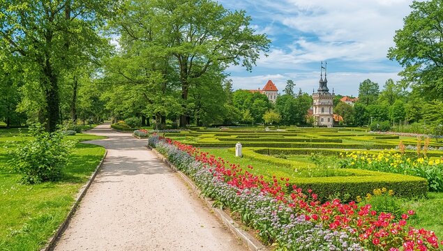 The park surrounding the historic fortress features a scenic trail in the northern region of Bohemia, Europe. This picturesque location has served as a backdrop for numerous fairy tales and films.