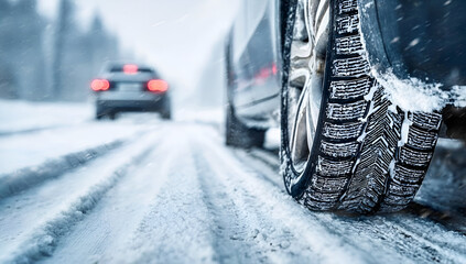 A close-up of a tire in snow, showcasing winter driving conditions on a snowy road with blurred car in the background.
