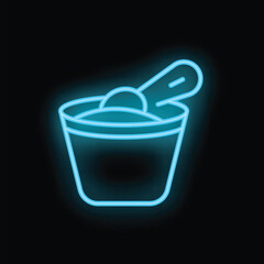 Blue neon sign of a scoop taking protein powder from a container, on a black background