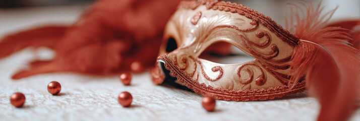 Enigmatic Venetian mask with swirls, embodying the allure of Carnevale and Masquerade Ball whimsy, whispers hidden tales