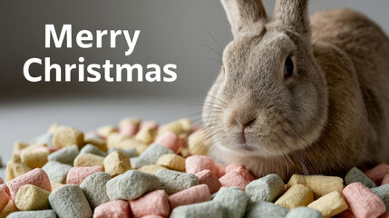 Adorable bunny nestled amid pastel treats, evoking whimsical yuletide cheer and Easter's vibrant renewal, merry festive delight ahead