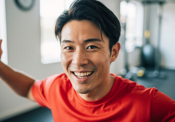 Obraz premium Smiling Asian man in red t-shirt in gym - motivation, healthy lifestyle and positive attitude