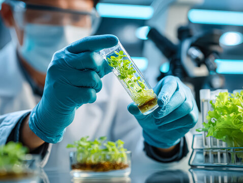 Researcher analyzes plant samples in a modern lab, surrounded by test tubes and a microscope, highlighting scientific exploration