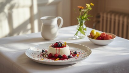 Creamy panna cotta topped with mixed berry sauce and fresh fruit, served on a white table with floral decoration, perfect for a summer breakfast
