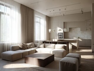 Fototapeta premium A living room with a couch, coffee table, and ottoman