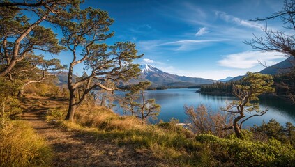 Fototapeta premium Escape to nature at Conguillio Park, featuring ancient araucarias and scenic trails, seasonal change