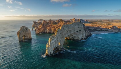 Aerial view of the Arch and Lands End in Cabo San Lucas, showcasing the meeting of the Pacific Ocean and Gulf of California, erosion risk