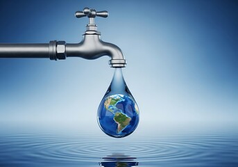 Earth globe in water drop from faucet image