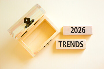 2026 Trends new year symbol. Concept words 2026 Trends on beautiful wooden blocks. Beautiful white paper background. Beautiful empty wooden chest. Business and 2026 Trends new year concept. Copy space