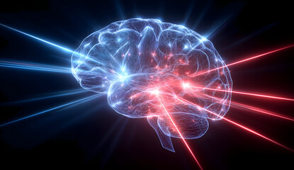 Naklejka premium A digital representation of a brain illuminated by vibrant blue and red lights, symbolizing neural activity.