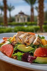 Grilled chicken salad with citrus and avocado outdoors